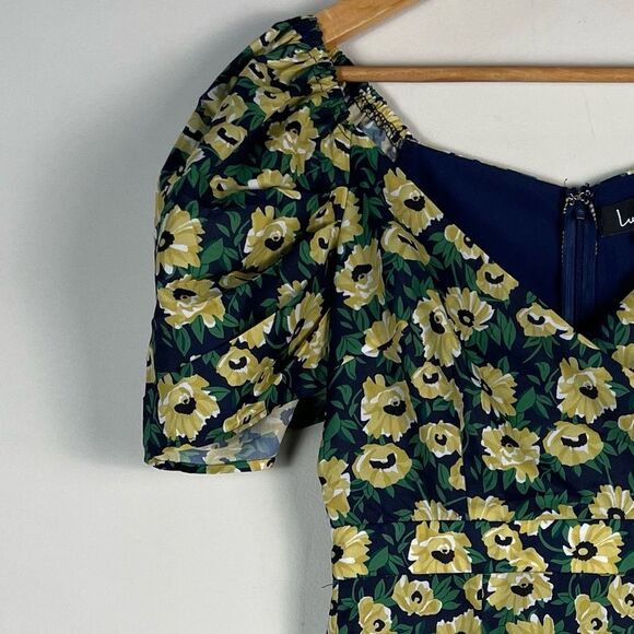 Lulus Floral Inclusive Floral Print Puff Sleeve Mini Dress Small Navy Yellow NEW - Picture 6 of 13